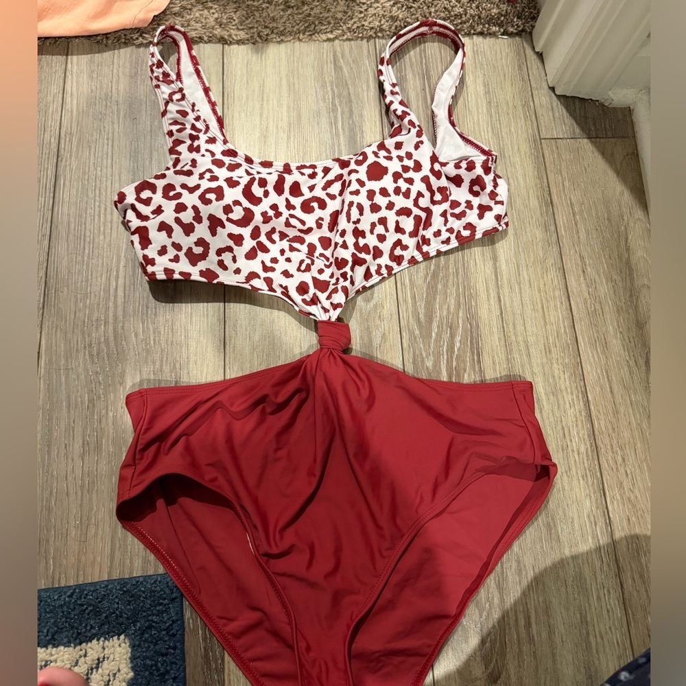 SHEIN Red Leopard Print & Solid Red One-Piece Swimsuit